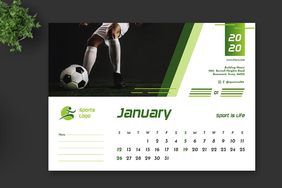 2020年体育运动主题活页翻页台历表设计模板 2020 Sport Calendar Pro插图1