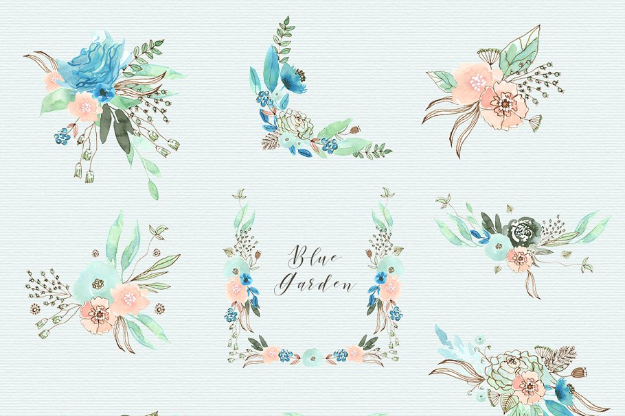 水彩蓝色花园手绘花卉元素 Blue Garden Floral Set插图1