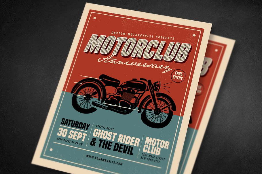 复古机车俱乐部活动海报传单模板 Retro Motorclub Event Flyer插图(1)