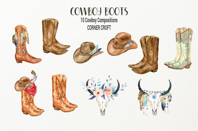 西部牛仔文化靴子&配件水彩插画合集 Watercolor Cowboy Boots And Accessory collection插图1