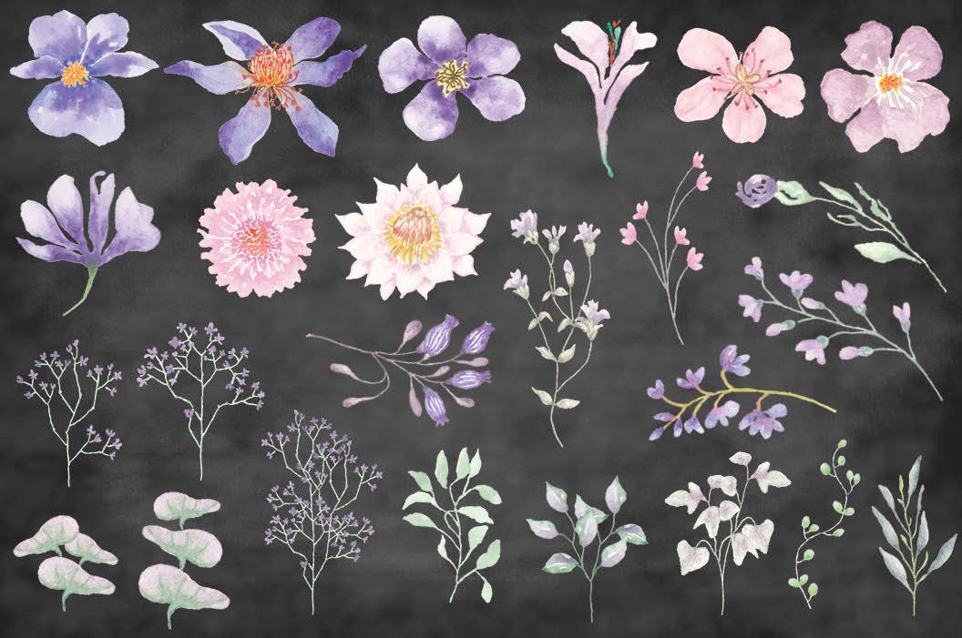 紫色梦幻水彩花卉图案设计素材包 Purple Dreams Watercolor Design Set插图10