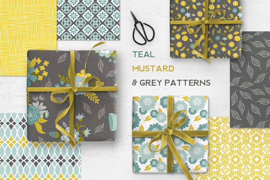 芥末色&灰色纹理 Teal Mustard & Grey Patterns插图