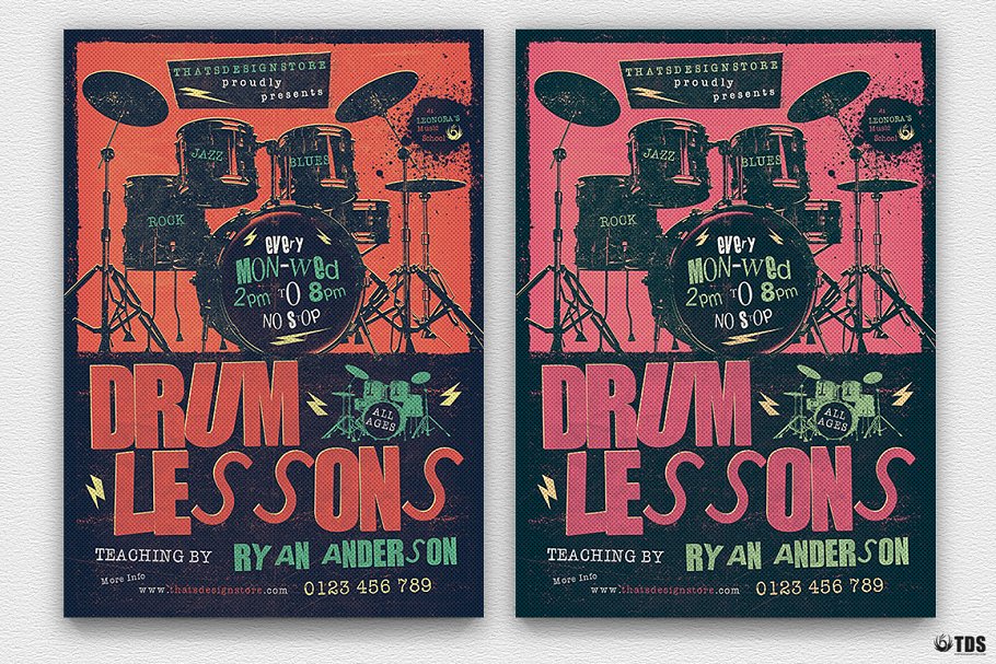 架子鼓培训宣传海报PSD模板 Drum Lessons Flyer PSD V2插图(1)