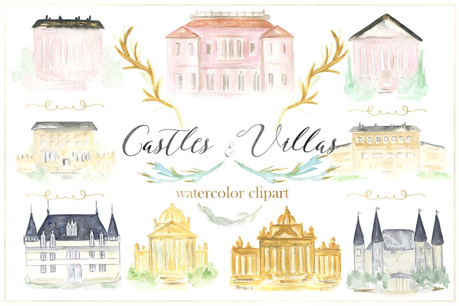 豪华建筑城堡别墅系列水彩剪贴画 Castles & villas houses watercolor插图