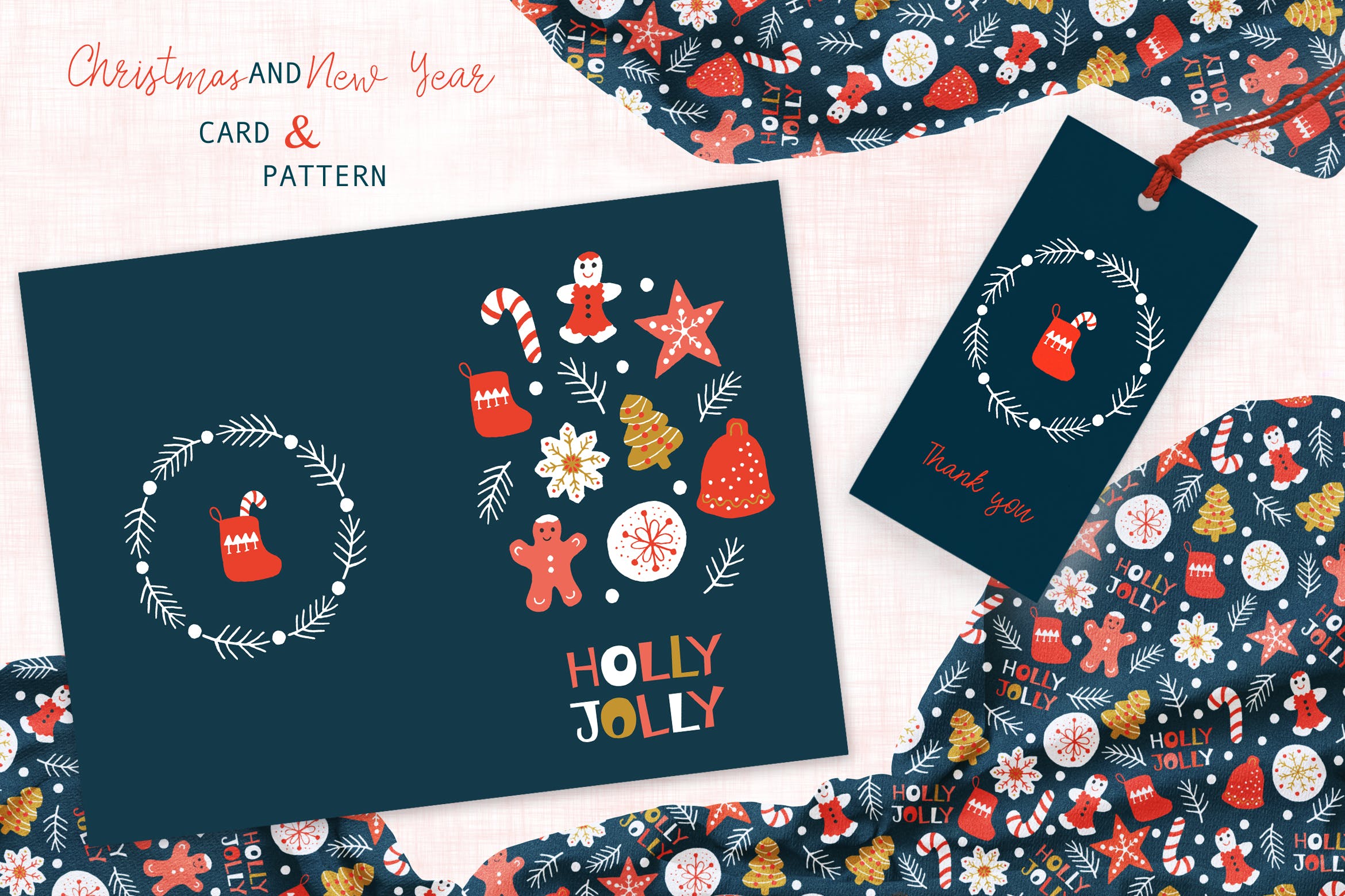 圣诞曲奇饼干手绘图案背景素材/贺卡设计模板 Christmas Cookies Greeting Card and Pattern插图