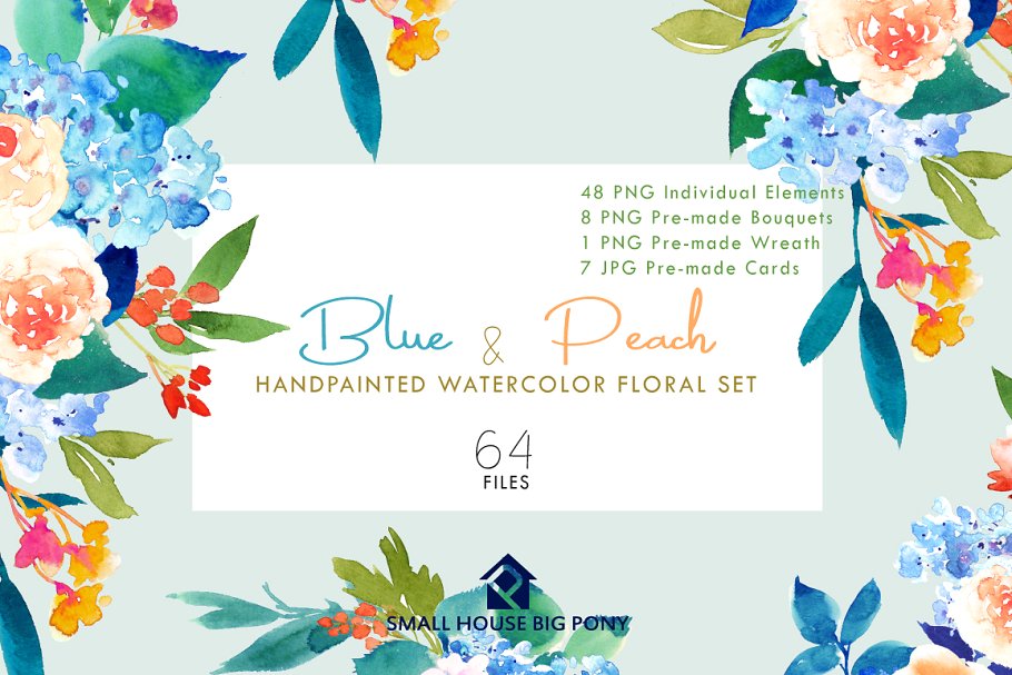 蓝色和桃色-水彩花卉元素套装 Blue & Peach- Watercolor Floral Set插图(3)