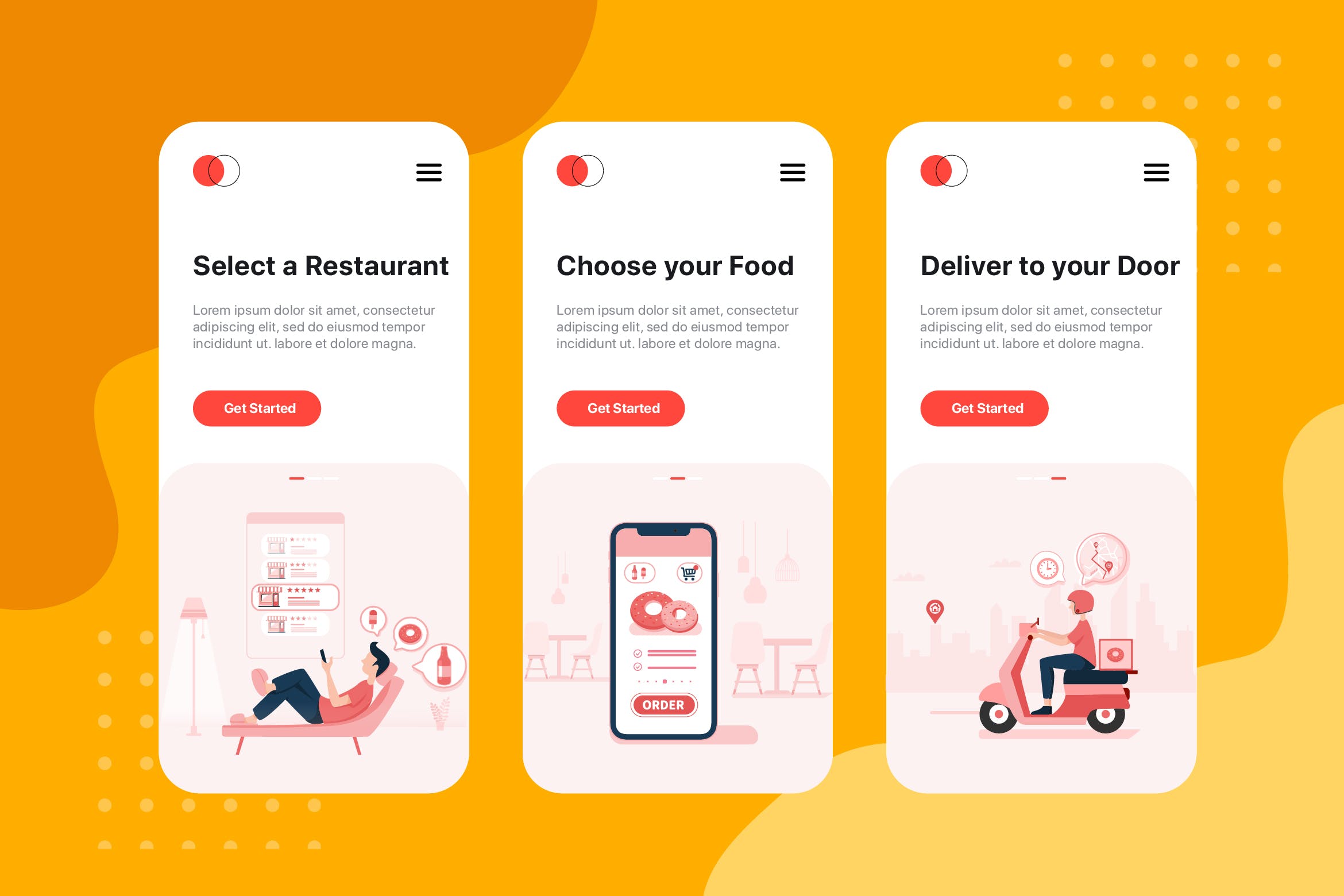 美食外卖点餐APP应用引导页设计模板 On boarding screens for Food Delivery service app插图
