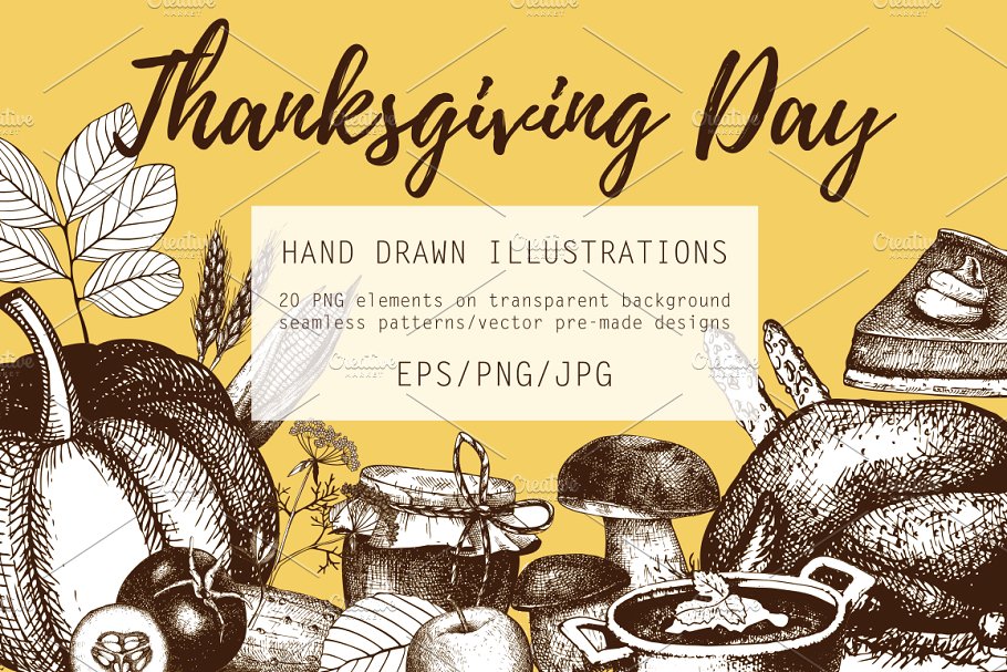 感恩节手绘素描矢量插画 Vector Thanksgiving Day Set插图