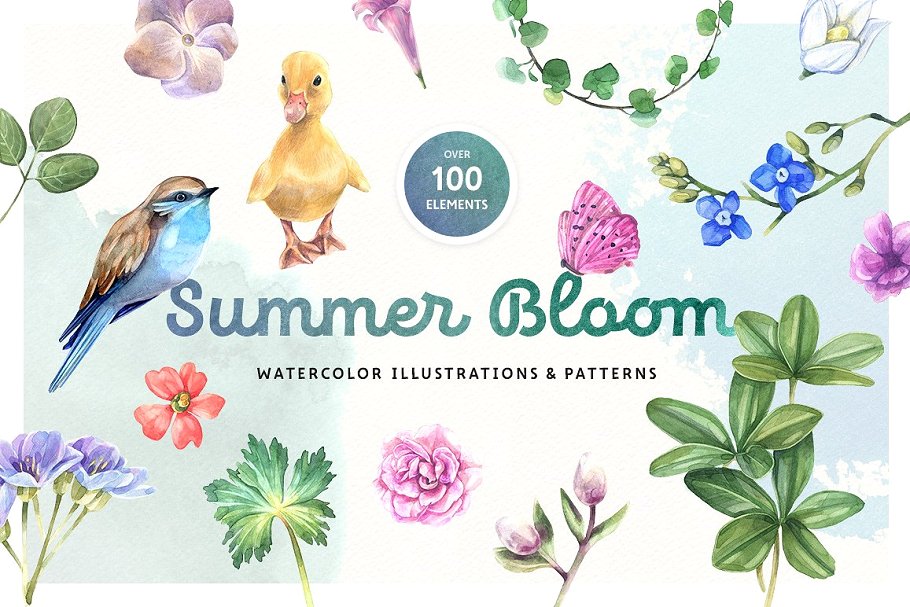 夏日水彩植物动物矢量图形+水彩花卉纹理 Summer Watercolor Motives Set插图