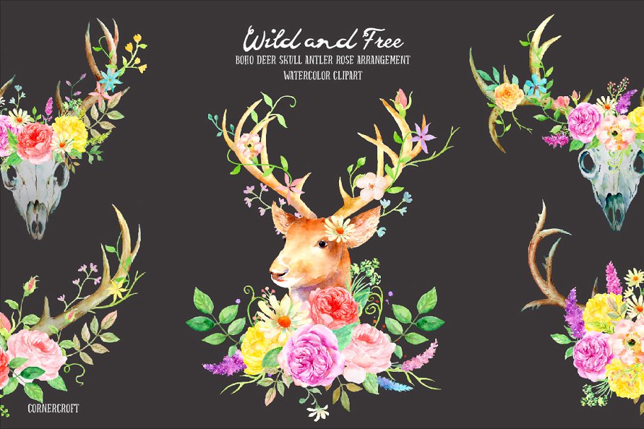 鹿与玫瑰水彩剪贴画 Watercolor Deer and Rose插图