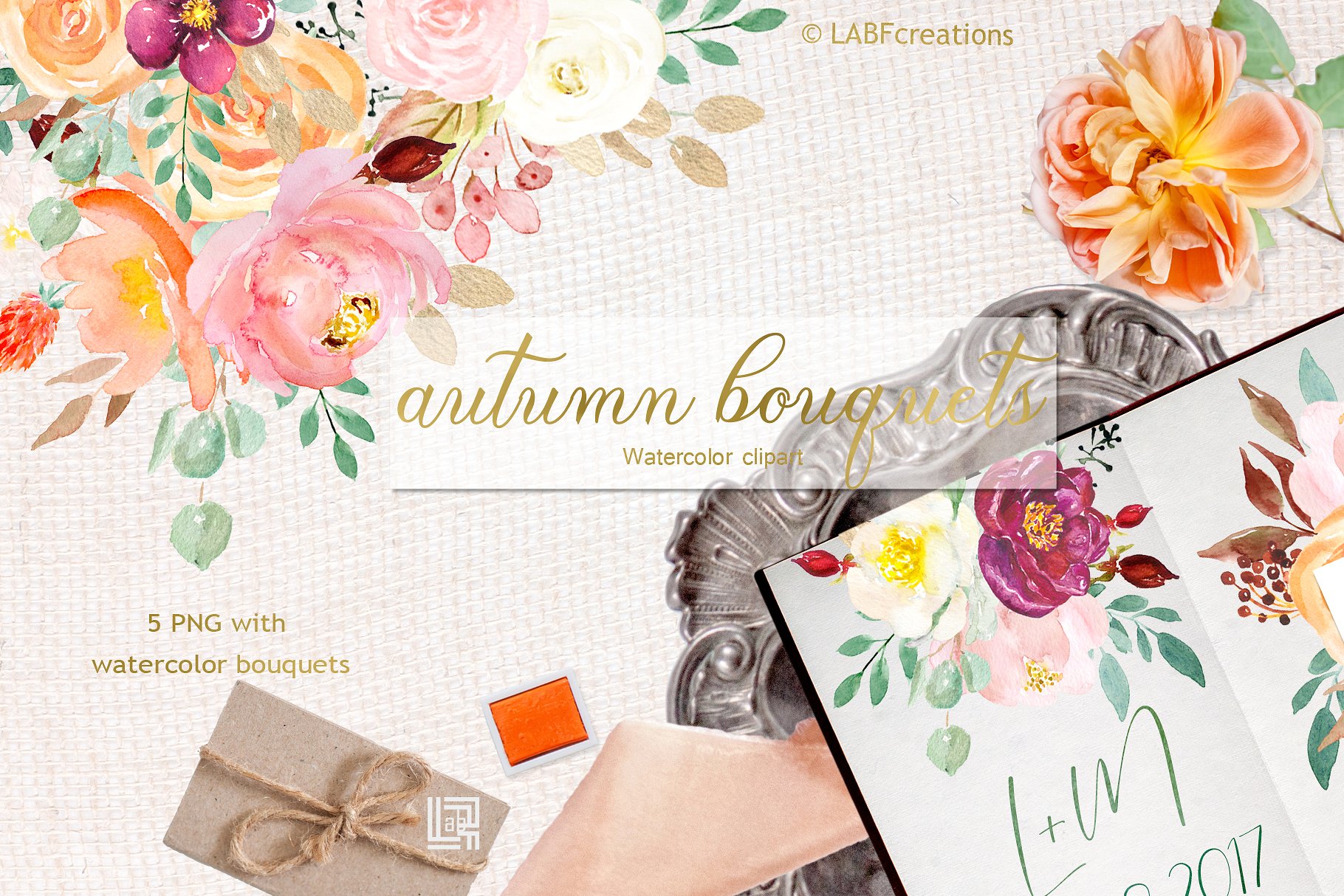 浪漫精致的秋季水彩花束剪贴画 Autumn watercolour bouquets插图(4)