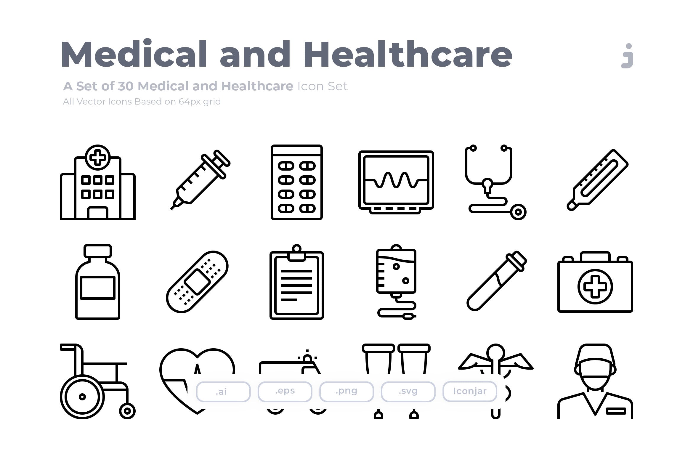 30枚医疗保健主题Outline风格矢量图标 30 Medical and Healthcare Icons – Outliner插图