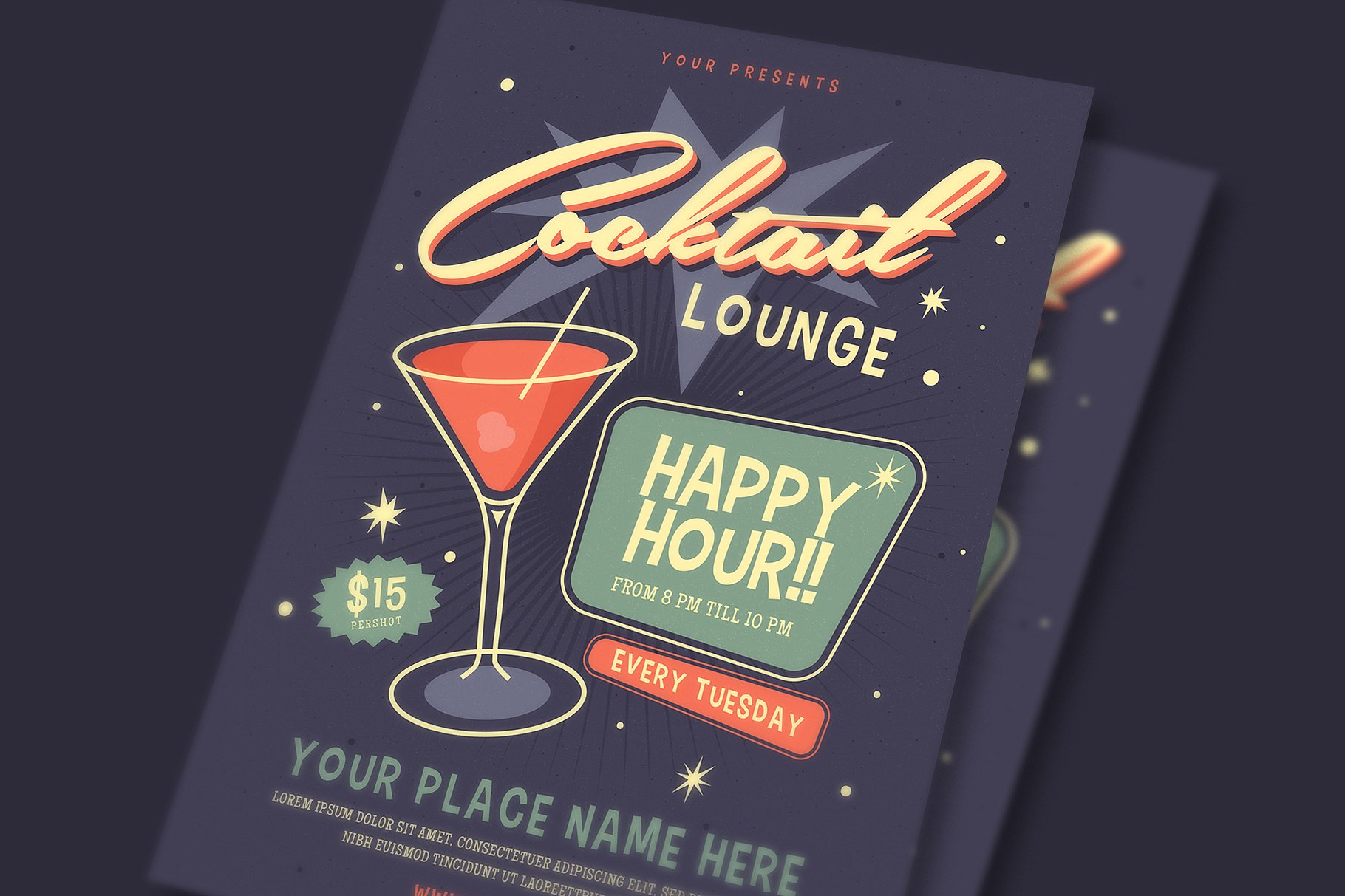 复古设计风格鸡尾酒酒会活动海报设计模板 Retro Cocktail Event Flyer插图(1)