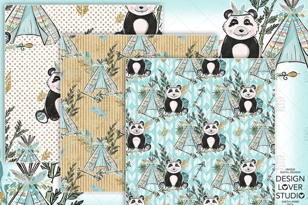 波西米亚风格熊猫无缝图案设计素材 Boho Panda digital paper pack插图1
