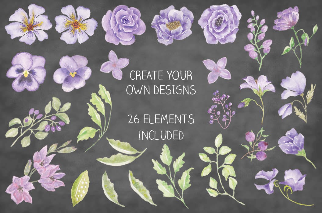 紫色水彩花卉边框&元素剪贴画PNG素材 Purple Watercolor Floral Border Plus Elements插图1