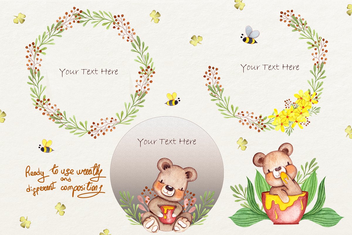 可爱的蜜蜂&熊水彩插画合集插图(4)