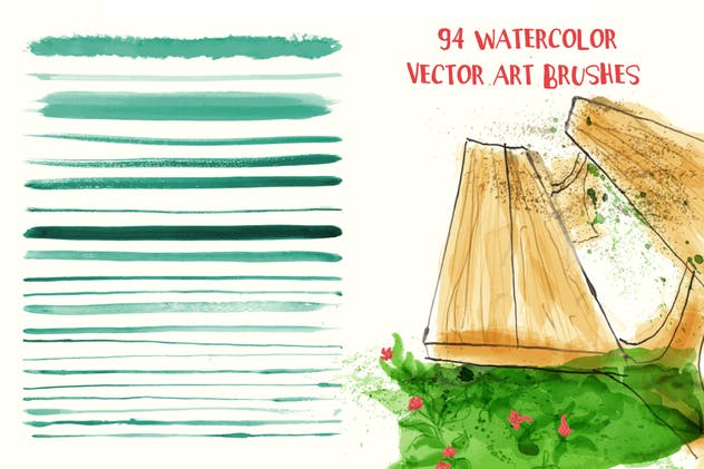 94种水彩艺术图案AI笔刷 Watercolor Vector Art Brushes插图1