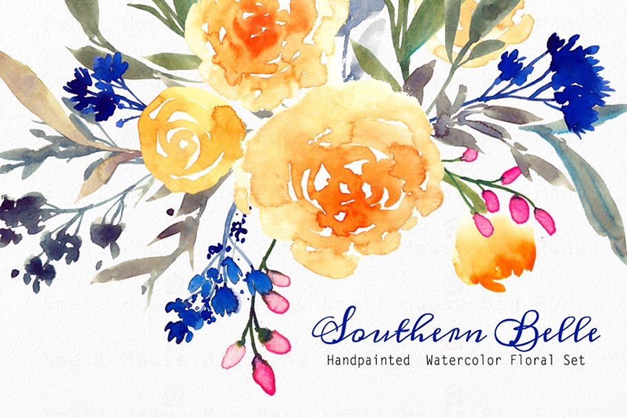 水彩手绘江南彩色花卉插画 Southern Belle – Watercolor Floral S插图
