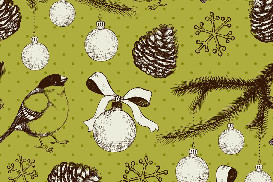 老式水墨手绘圣诞装饰矢量素描插图 Christmas Elements & Patterns插图(3)