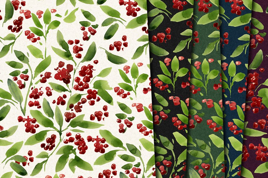 圣诞主题水彩植物花卉图案纹理 Watercolor pattern,christmas插图1