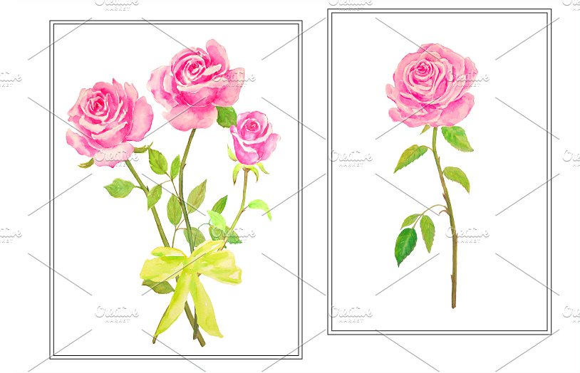 经典粉色花型玫瑰剪贴画 Watercolor Pink Roses插图1
