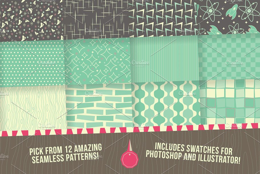 复刻1950s年代设计风格无缝图案纹理 1950s Retro Seamless Patterns插图1