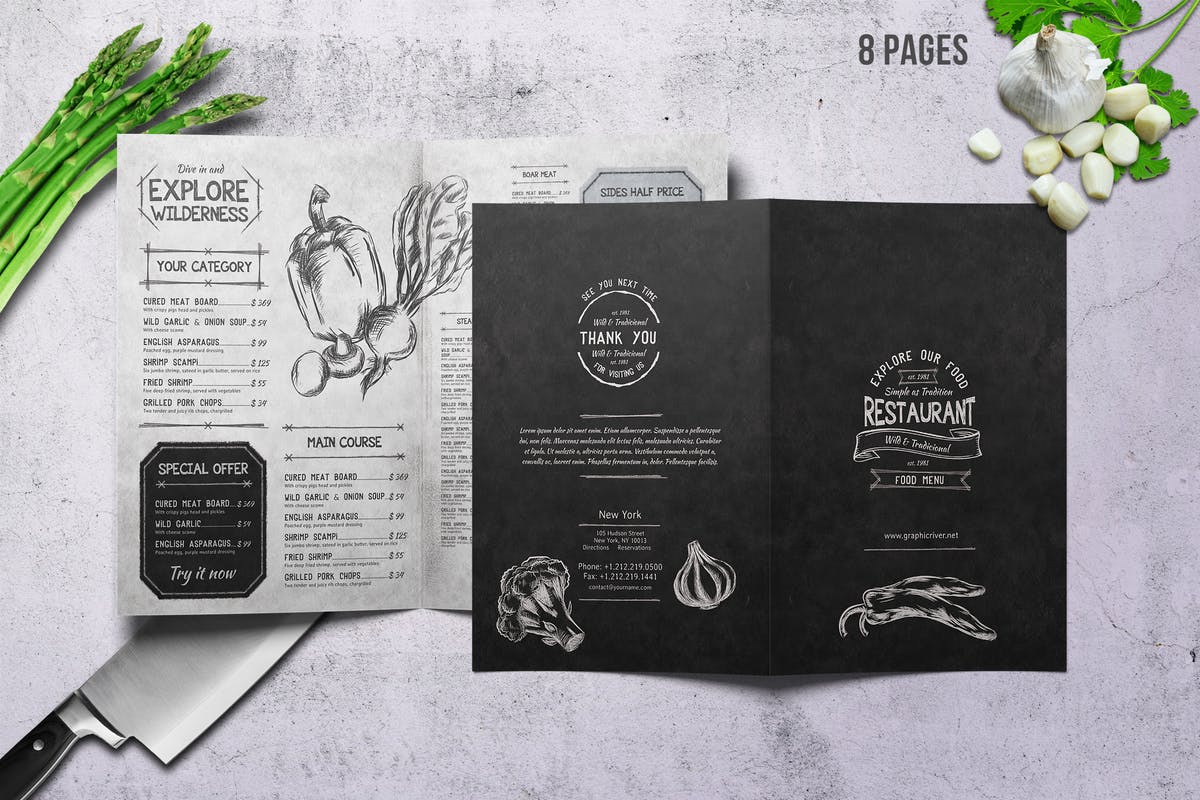 复古素描设计风格双折页餐厅菜单模板设计 Sketch Bifold Menu – A4 and US Letter插图