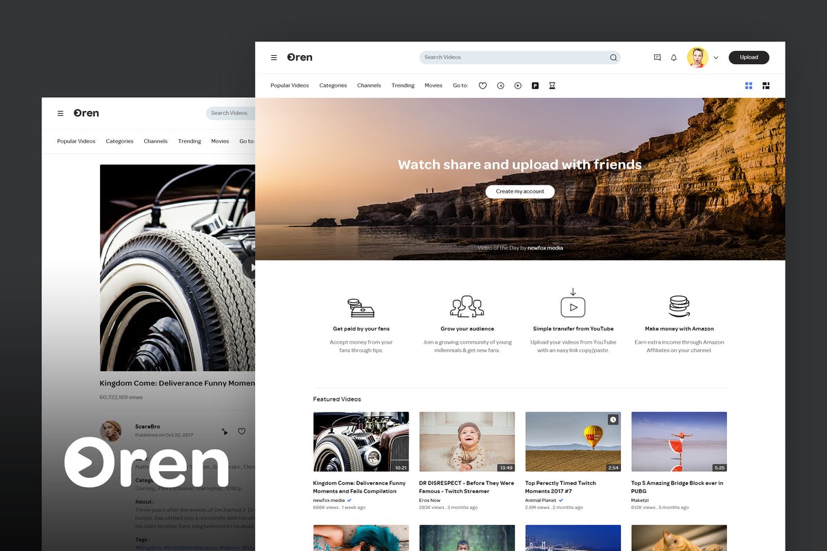 视频分享网站设计PSD模板下载 Oren – Video Sharing Website PSD Template插图