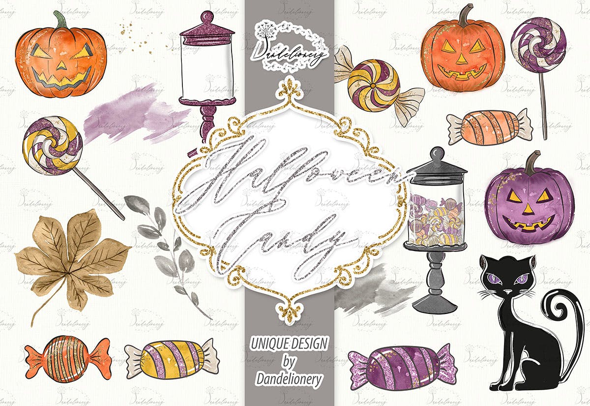 万圣节节日元素手绘图案PNG素材 Halloween Candy design插图(2)