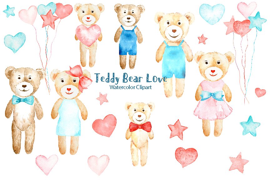 可爱水彩手绘泰迪熊剪贴画 Watercolor Clipart Teddy Bear Love插图