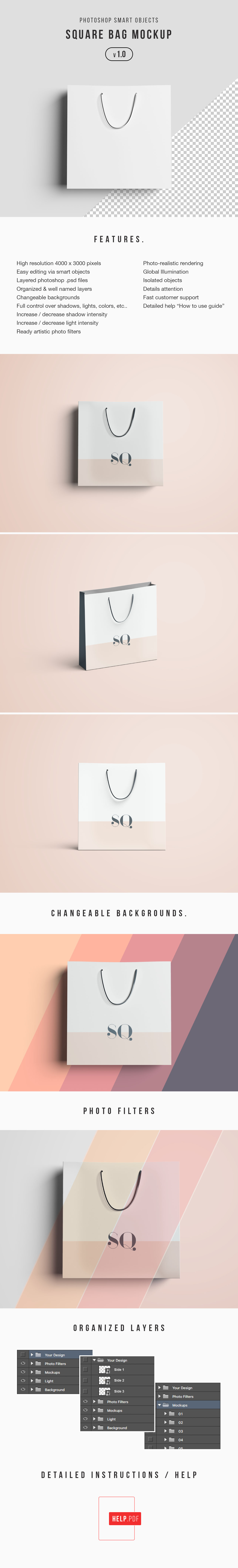 方形购物袋制作设计图样机模板 Square Bag Mockup插图