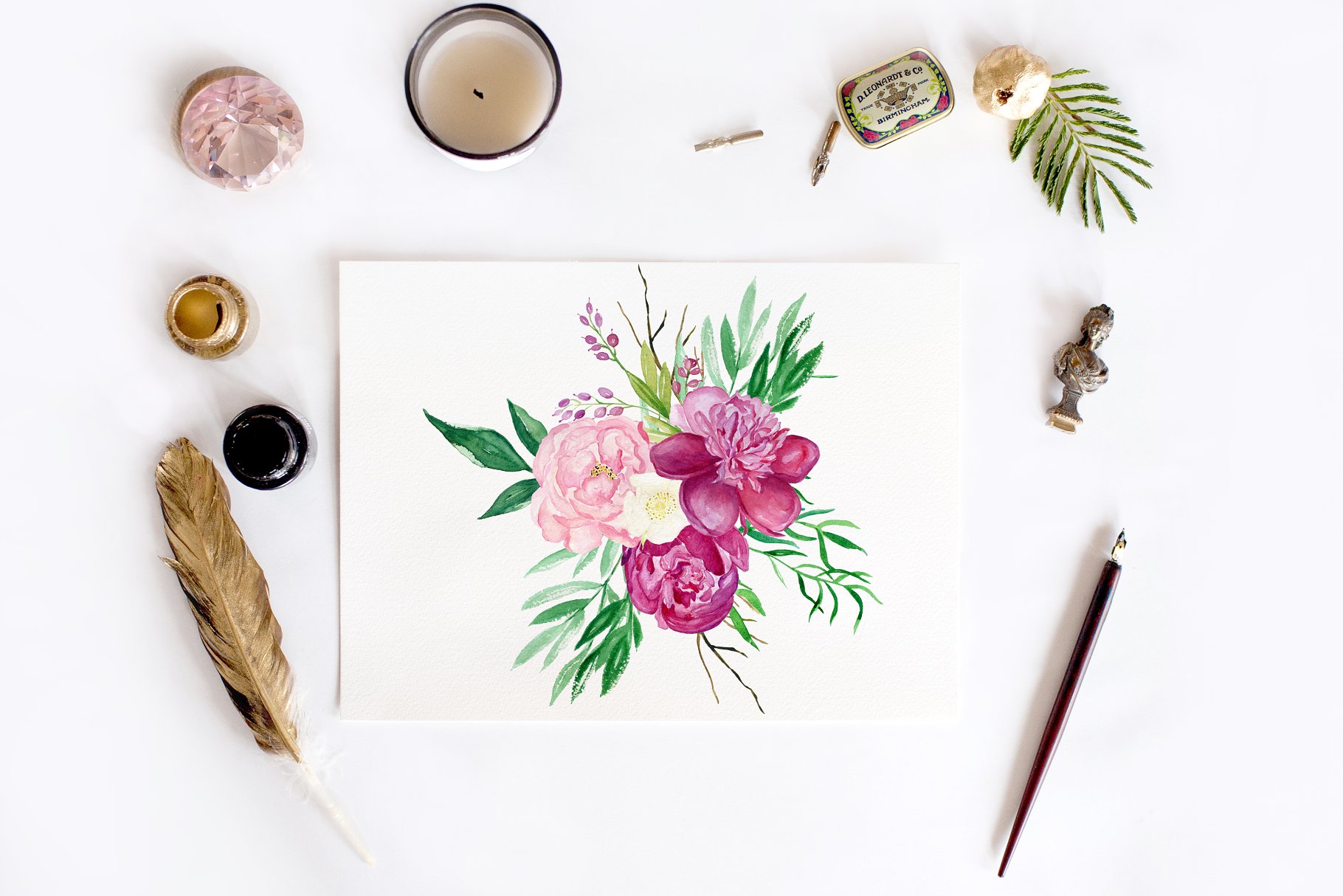 牡丹花丛水彩花卉剪贴画 Peony flora watercolor flowers插图(8)