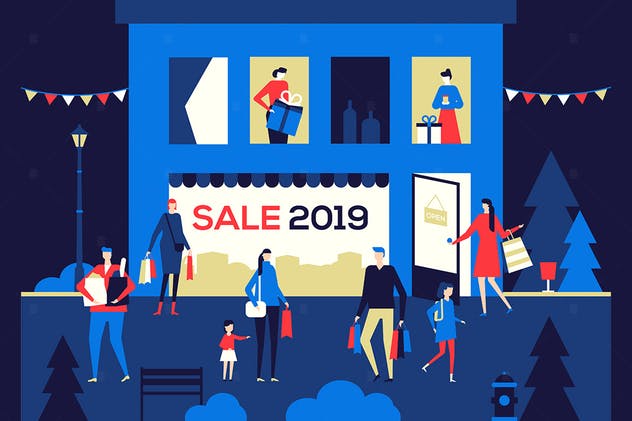 2019新年扁平化风格购物促销主题插画 Big Sale 2019 – flat design style illustration插图(1)