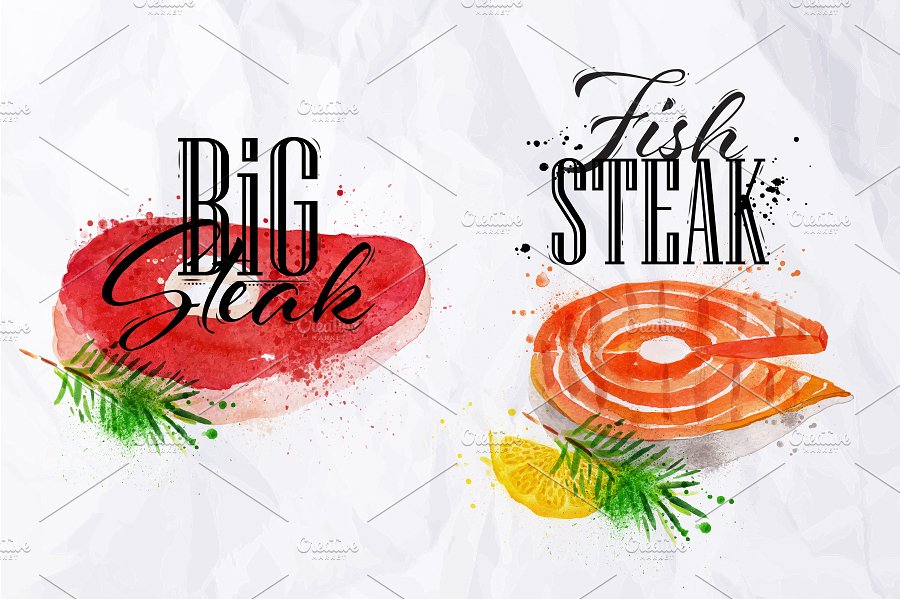 牛排/鱼排/鸡排等肉类水彩矢量插画 Set watercolor steak插图3