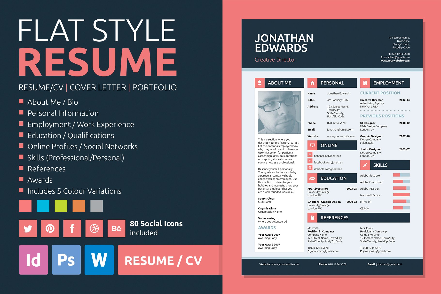 多种配色扁平风格专业设计师简历模板 Resume/CV – Flat Style插图(1)