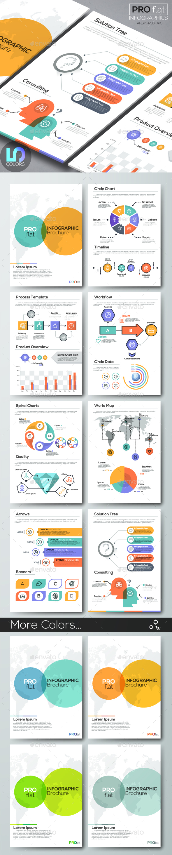 扁平化数据信息图表设计元素 Pro Flat Infographic Brochure. Set 9 (五种配色方案)插图