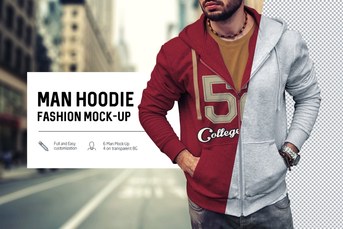 男士拉链卫衣上身效果样机模板 Man Hoodie Fashion Mock-Up插图