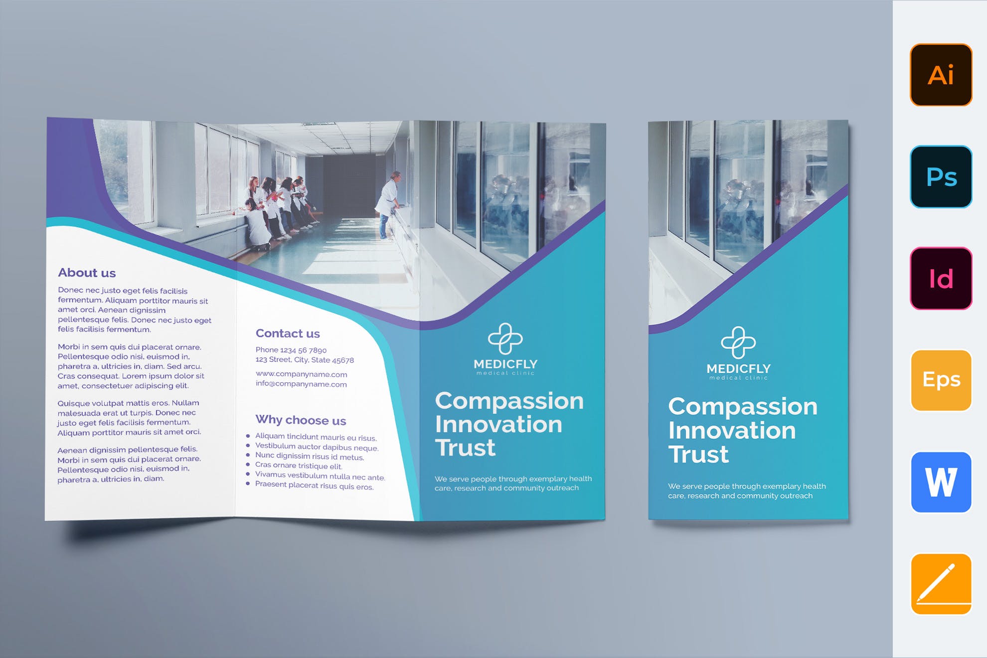 私人诊所/医院三折页宣传单设计模板 Medical Clinic Brochure Trifold插图