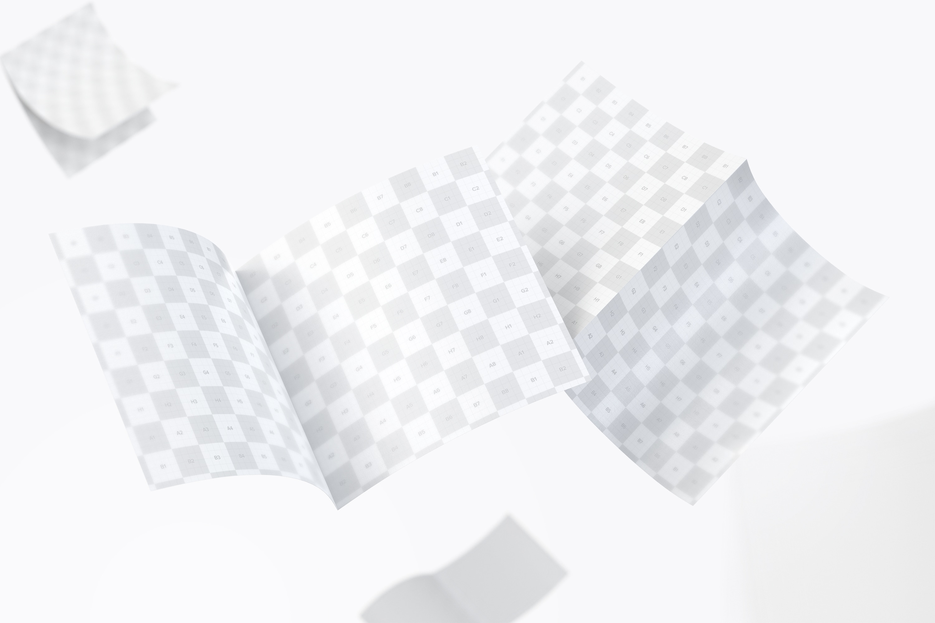 漂浮的方形对折小册子传单设计预览免费样机模板 FREE Square Bi Fold Brochure Mockup, Floating 3K插图2