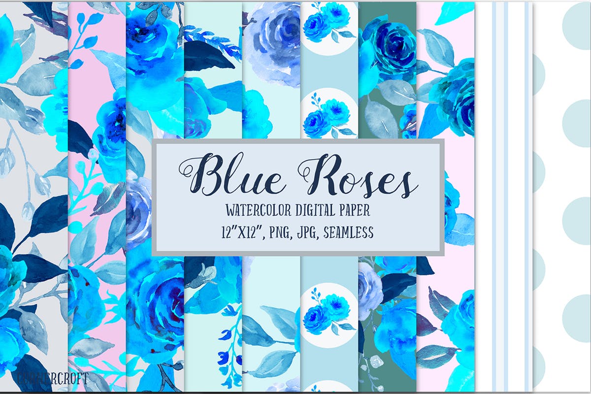 蓝玫瑰水彩花卉无缝图案合集 Watercolor Pattern Blue Rose插图