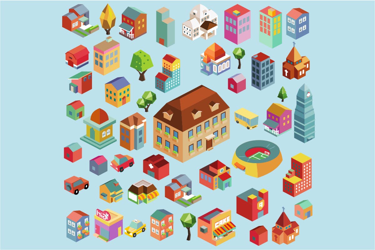 多彩等距城市场景矢量插画v4 Colorful vector isometric city插图