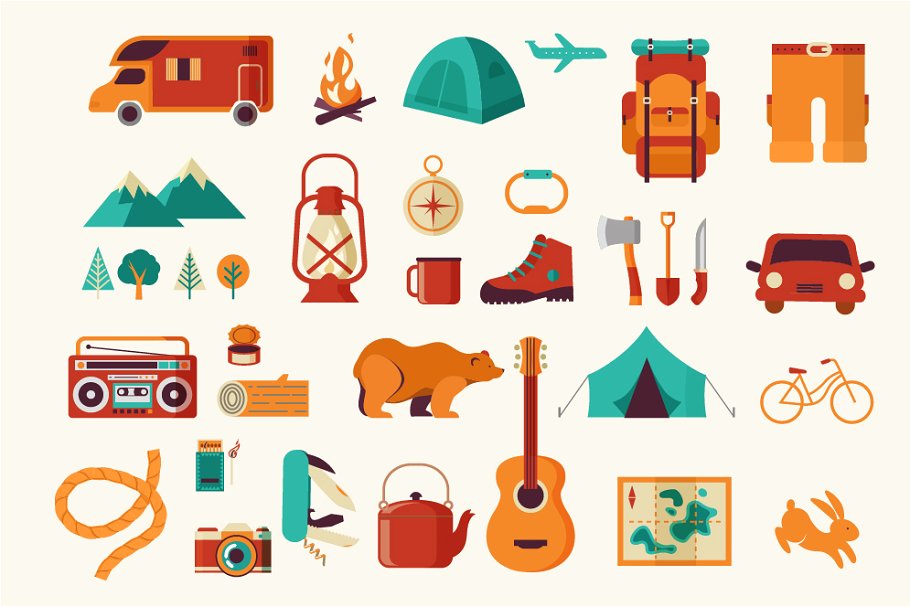露营和徒步扁平风格矢量图标图形集 Camping & Hiking flat icon set插图(2)