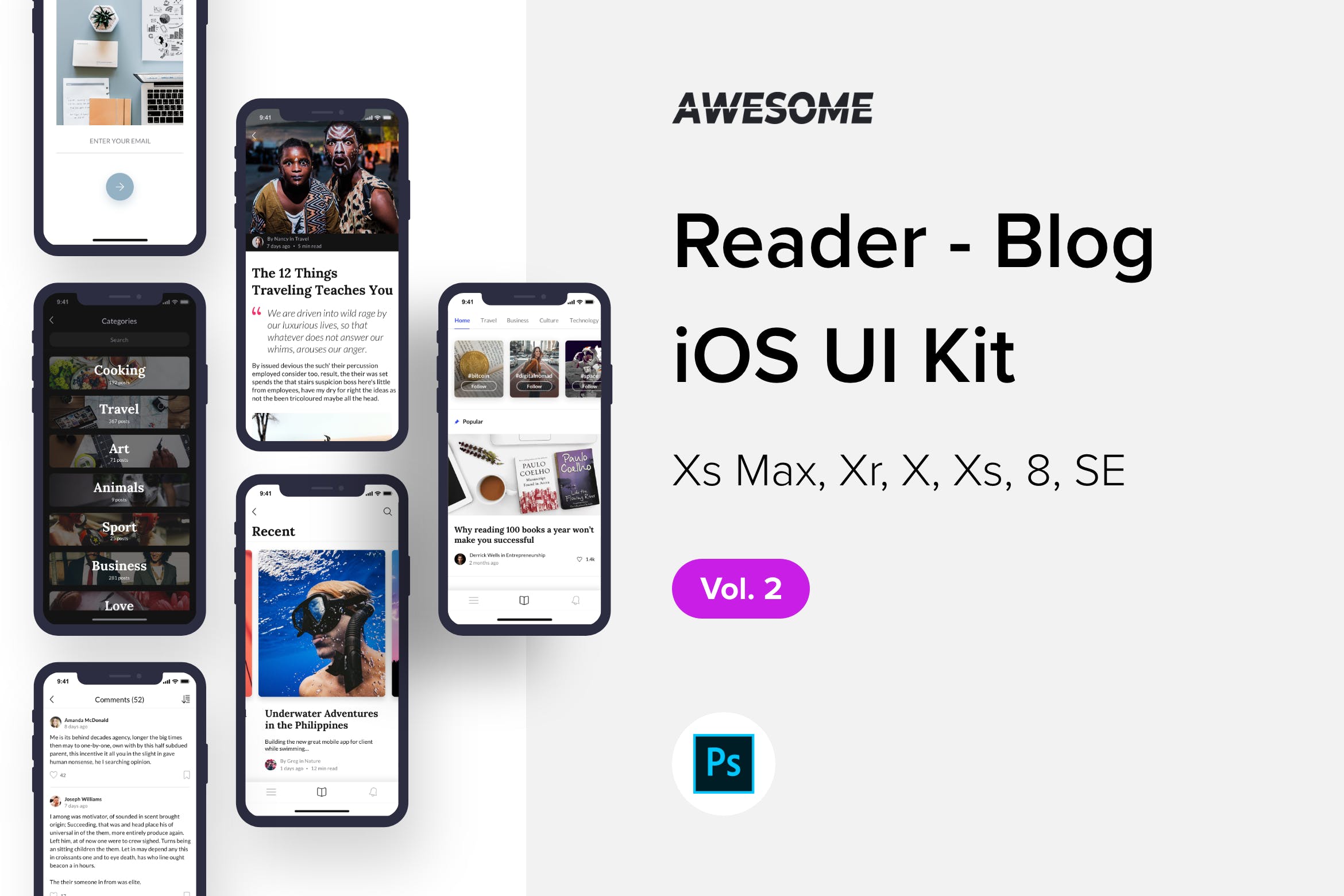 读者博客类iOS应用APP设计套件PSD模板v2 Awesome iOS UI Kit – Reader Blog Vol. 2 (PSD)插图