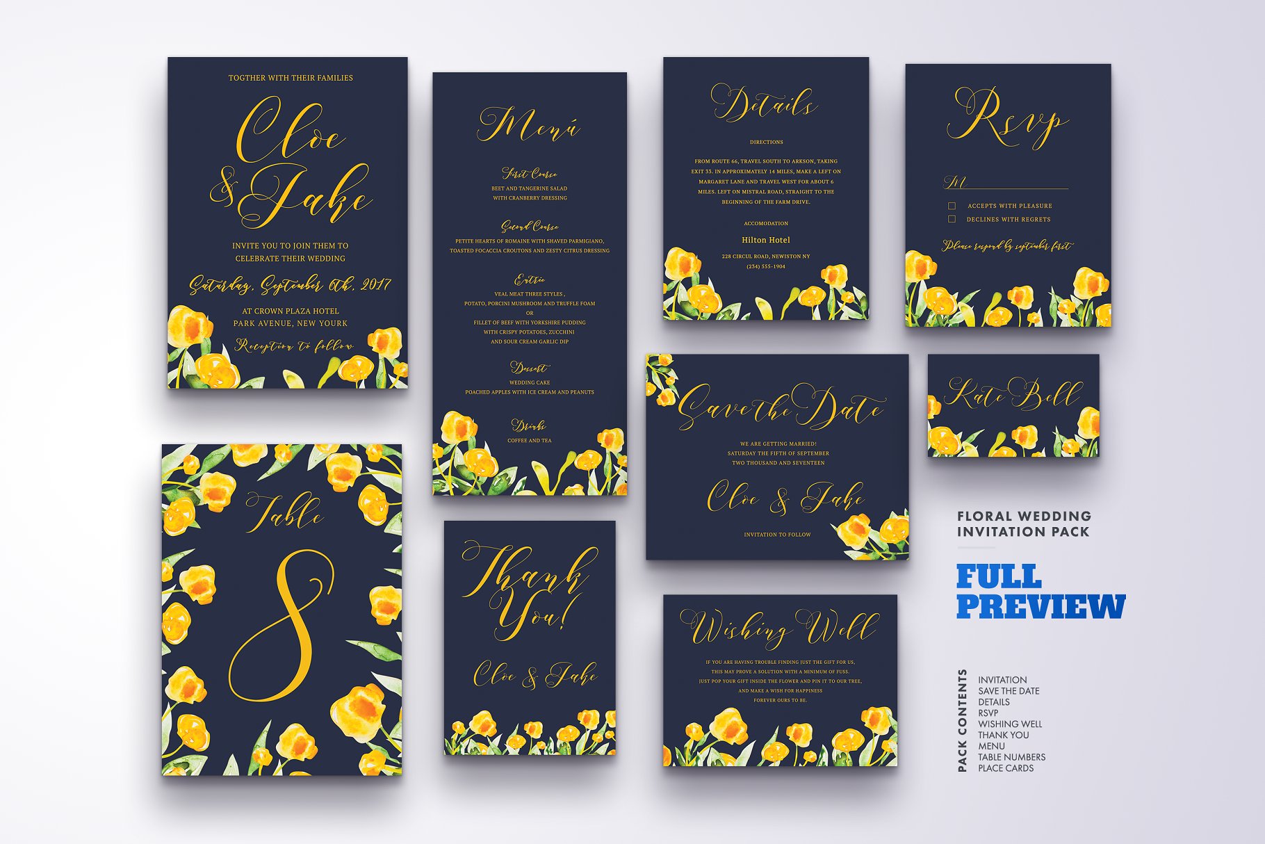 水彩花饰婚礼邀请物料模板 Floral Wedding Invitation Set Vol.2插图(1)