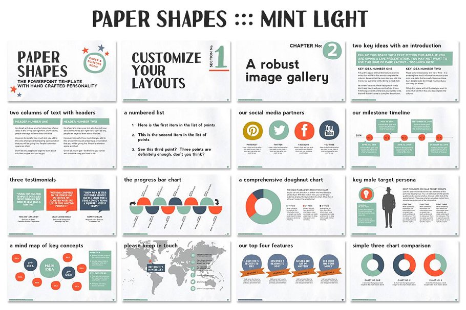 512页手工设计 PPT 幻灯片模板（共8种配色方案） Paper Shapes Powerpoint Presentation插图3