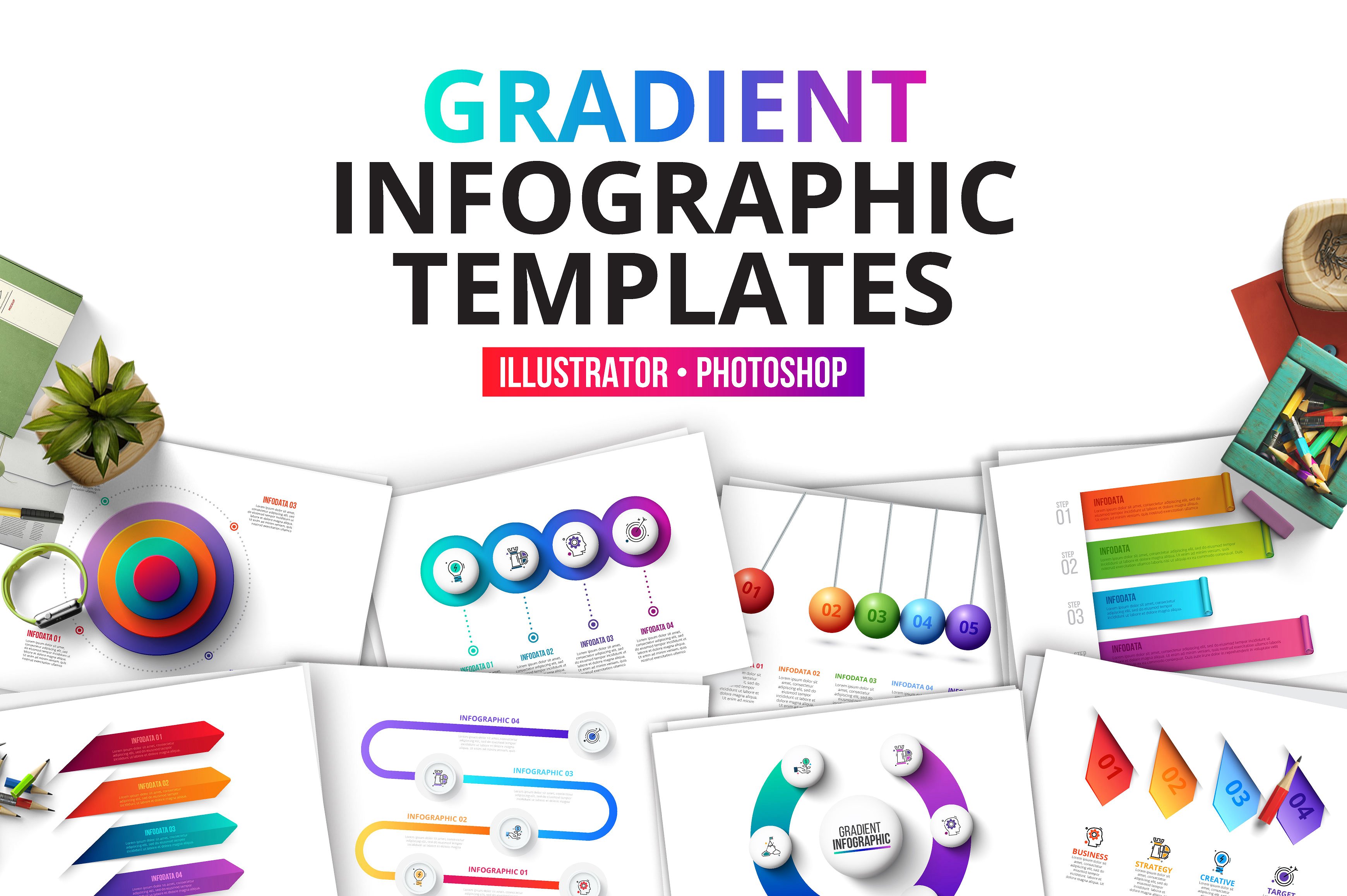 渐变风格信息图形模板 Gradient infographics templates插图