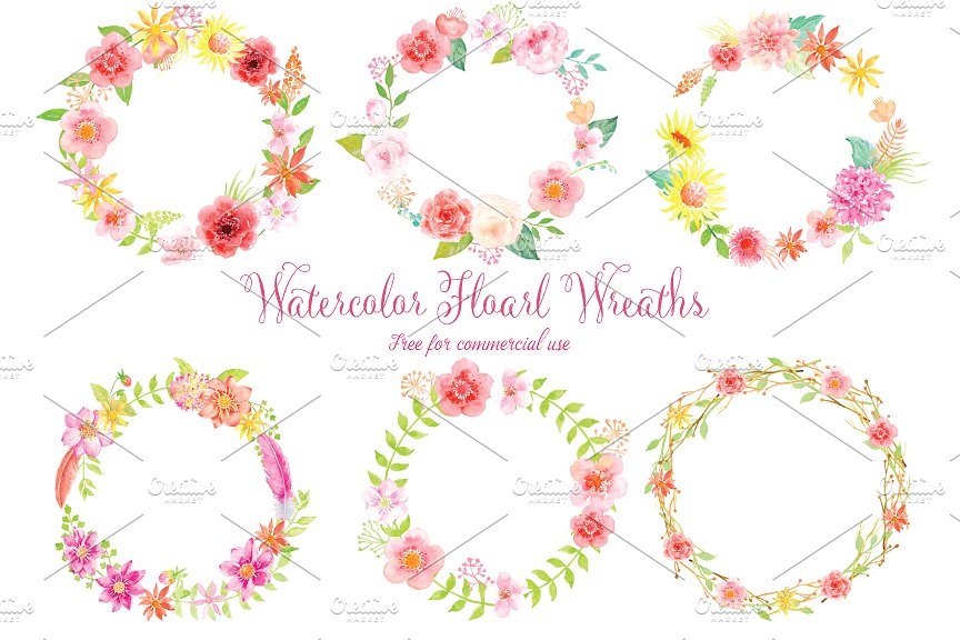 粉色水彩花环花卉剪贴画 Watercolor pink floral wreath插图(1)