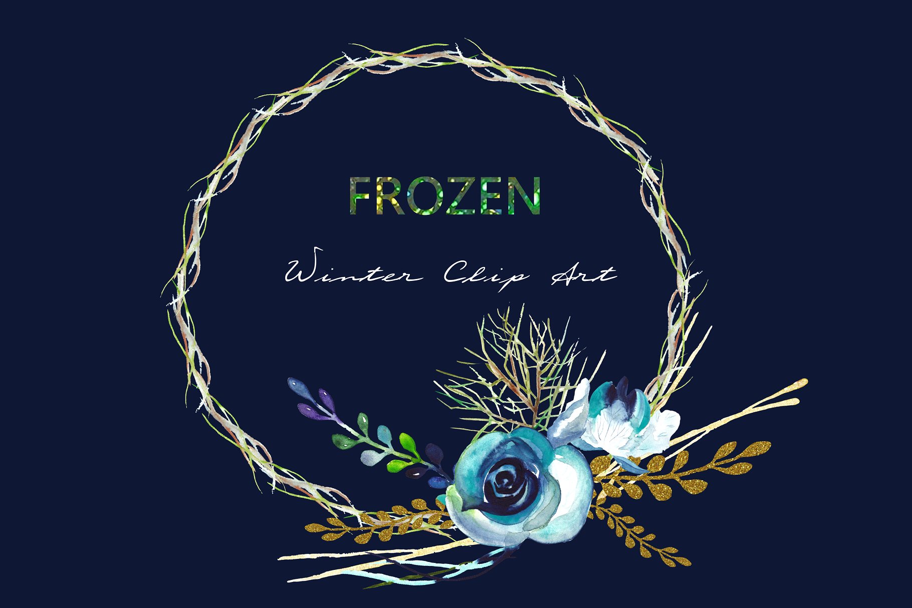 冰霜闪亮花卉水彩剪贴画 Frozen. Glitter watercolor Clipart.插图(2)