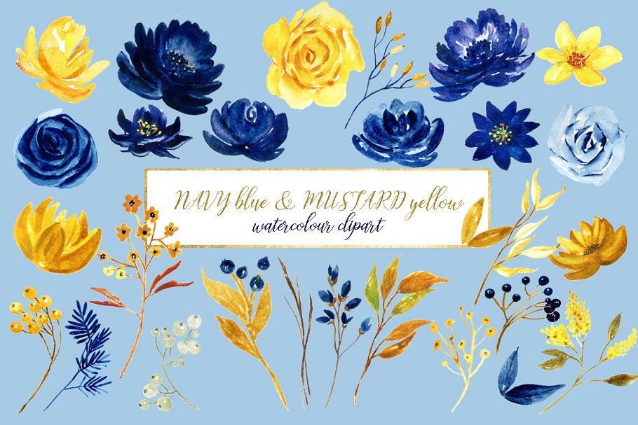 海军蓝&芥末黄水彩花卉插画素材 Navy blue & mustard yellow flowers插图(5)