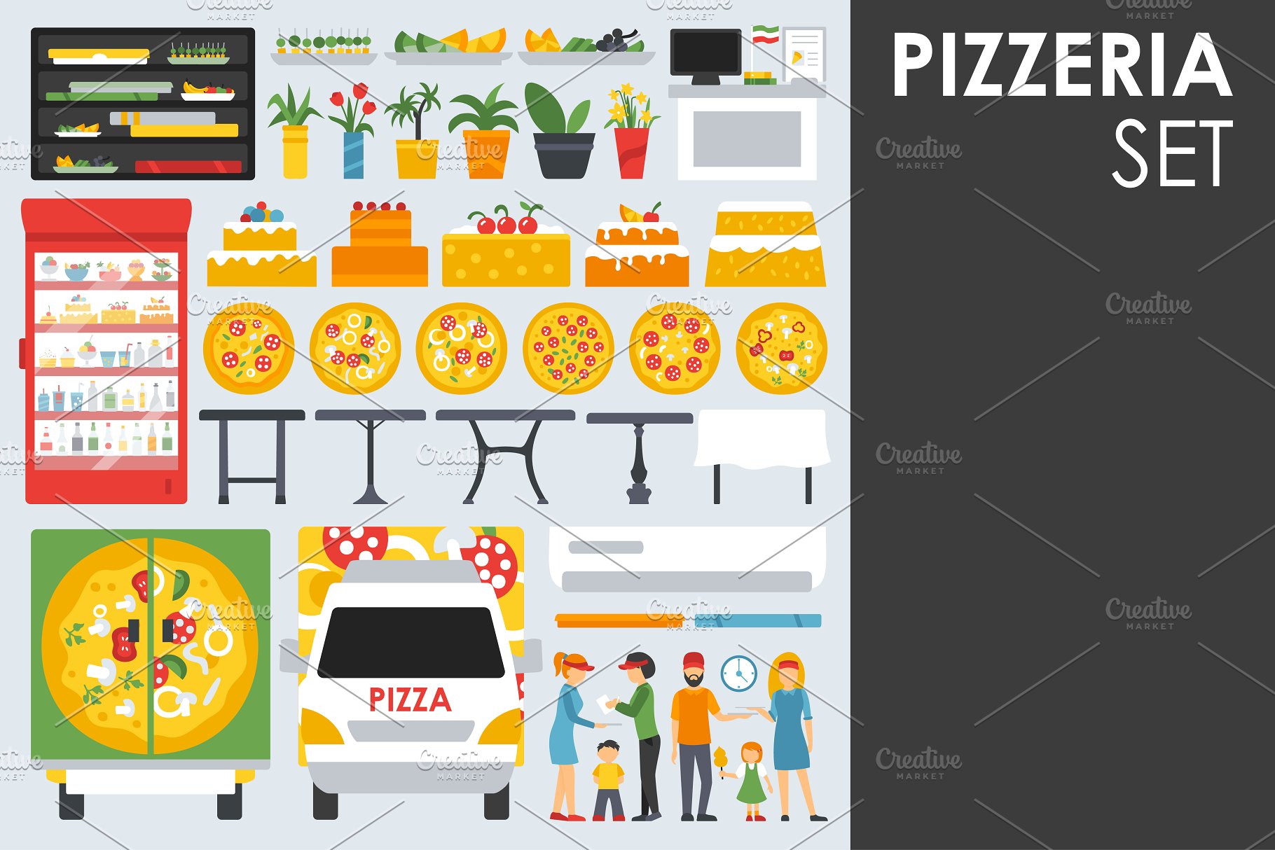 披萨店扁平设计风格设计元素 Pizzeria Flat Objects 9 collections插图(3)